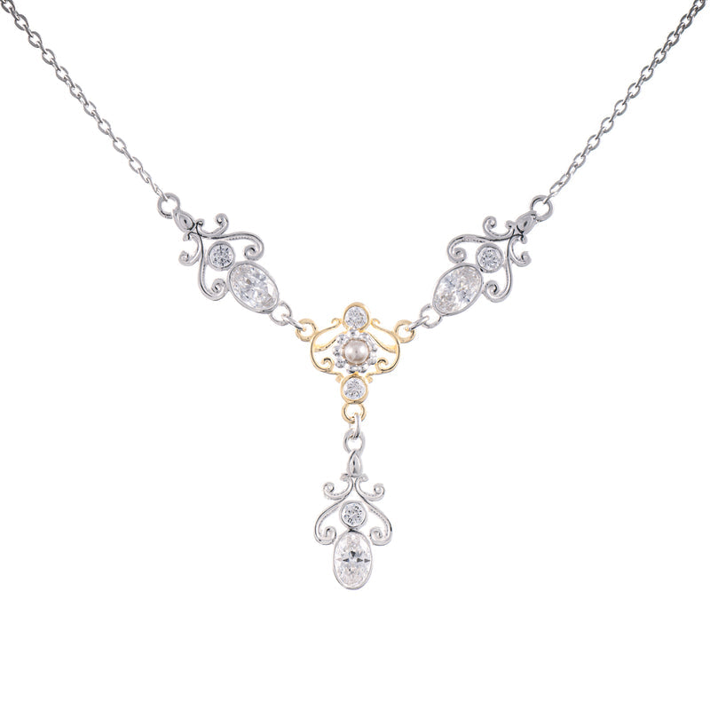 Collier 925 Silber teilvergoldet Zirkonia weiss Perle