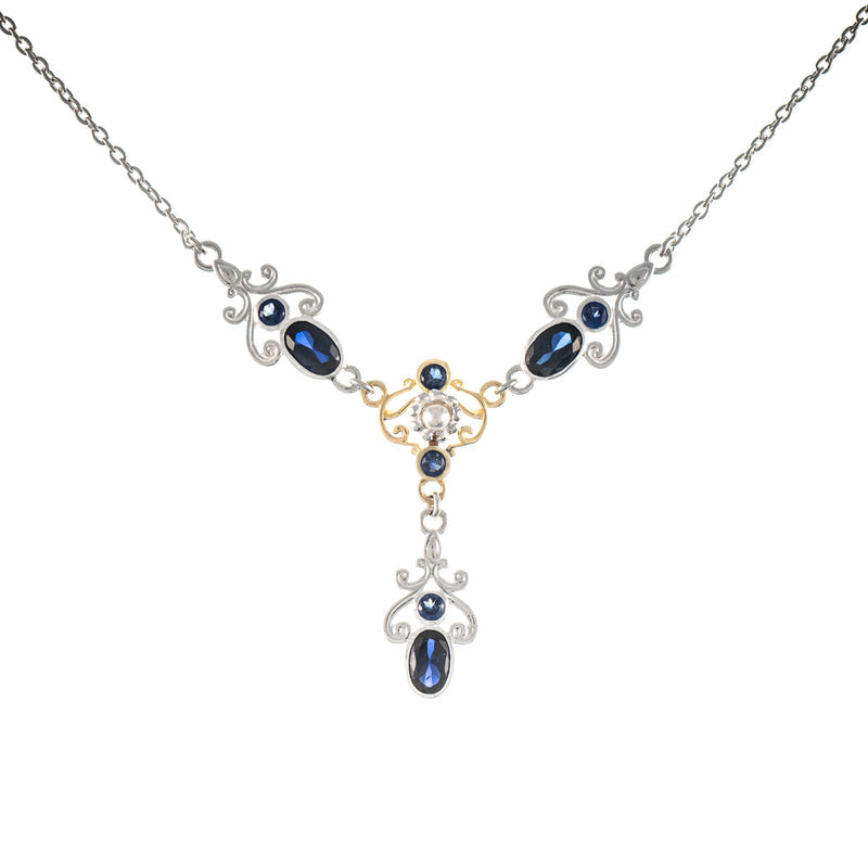 Collier 925 Silber teilvergoldet Zirkonia blau Perle