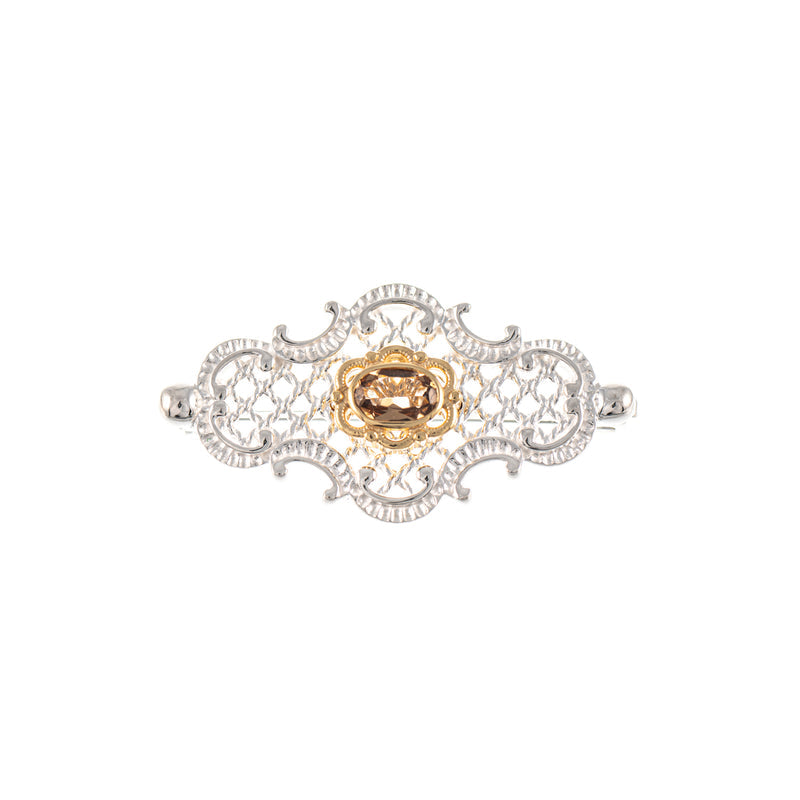 Brosche 925 Silber teilvergoldet Zirkonia cognac