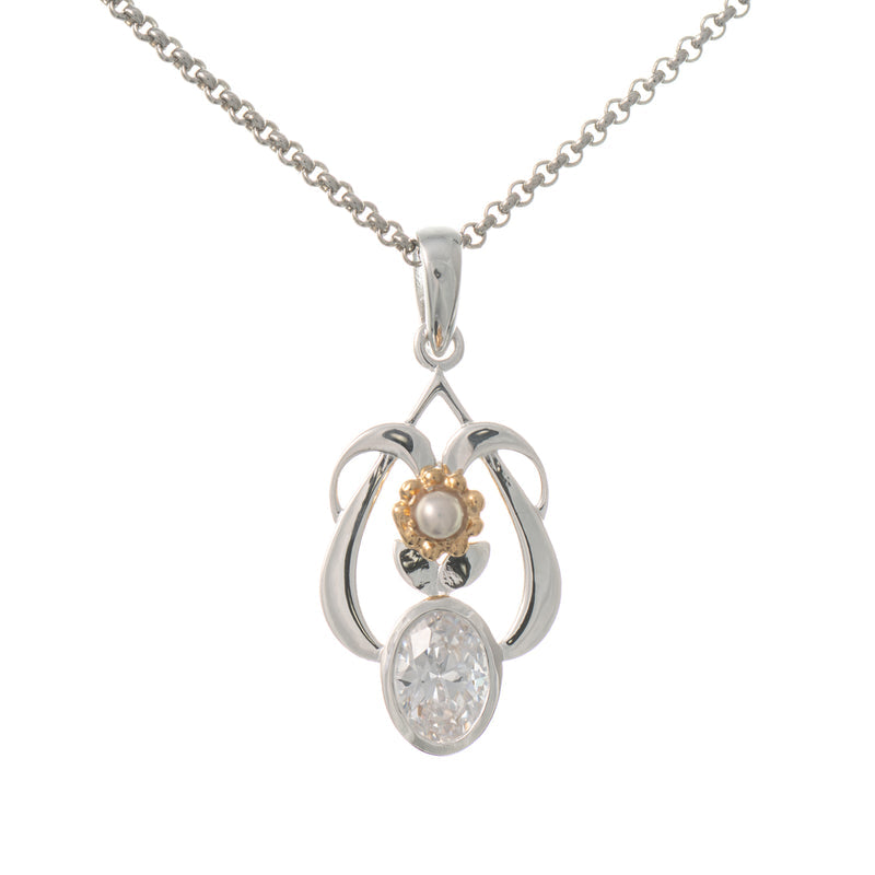 Anhänger mit Kette 925 Silber teilvergoldet Zirkonia weiss Perle