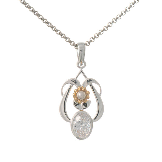 Anhänger mit Kette 925 Silber teilvergoldet Zirkonia weiss Perle