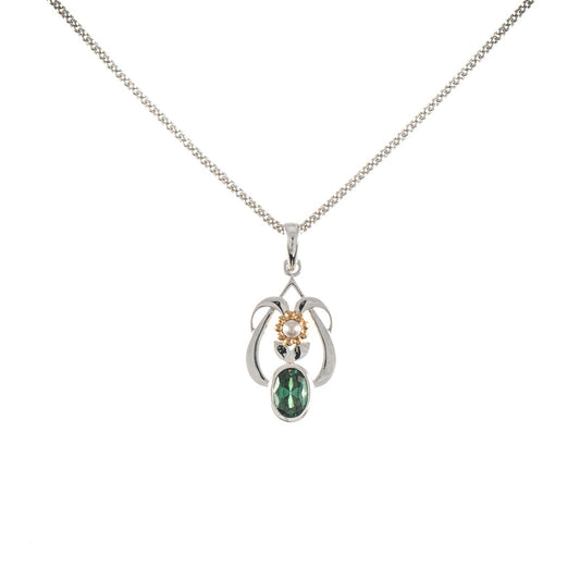 Anhänger mit Kette 925 Silber teilvergoldet Zirkonia grün Perle