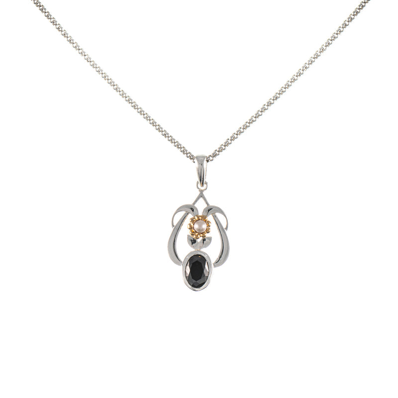 Anhänger mit Kette 925 Silber teilvergoldet Zirkonia schwarz Perle