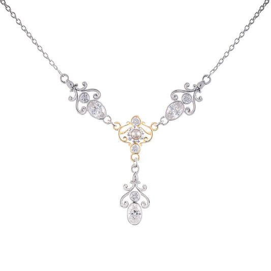 Collier 925 Silber teilvergoldet Zirkonia weiss Perle