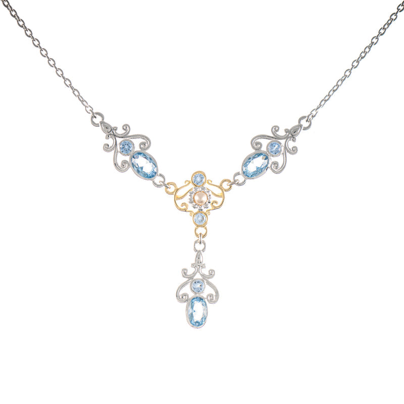 Collier 925 Silber teilvergoldet Zirkonia hellblau Perle