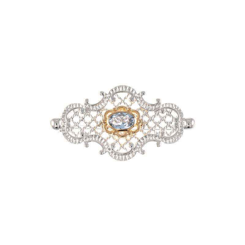 Brosche 925 Silber teilvergoldet Zirkonia hellblau